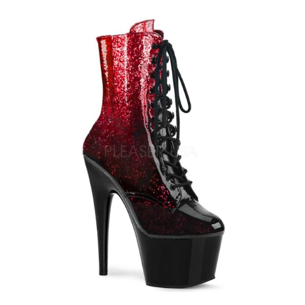 Pleaser ADORE Red Glitter Patented Ombre 7" Platform Stiletto Heel Lace Up Boots